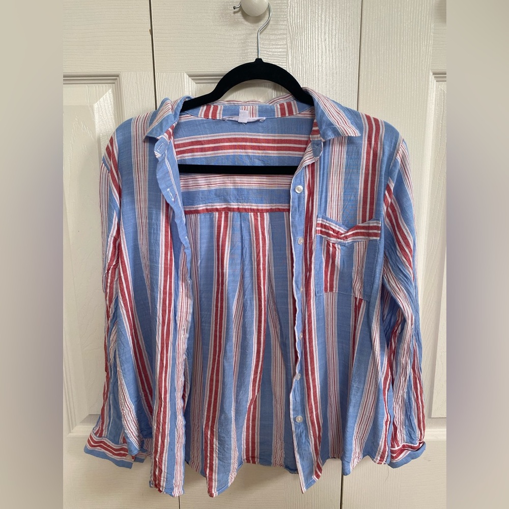 Blue Jane + Delancey Red and White Striped Button Down Linen Shirt